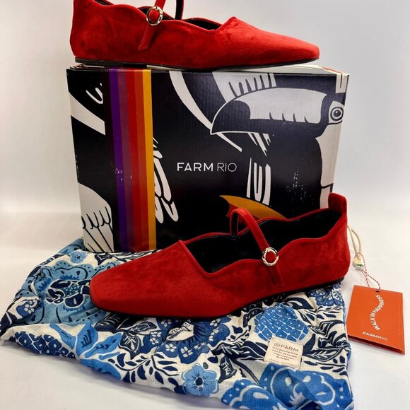 FARM Rio Shoes - Farm Rio Red Velvet Mary Jane Flats Size 10 Square Toe Ballet Shoes
